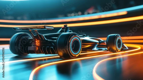 Sleek Black Race Car with Glowing Neon Lights on a Dark Circuit Track