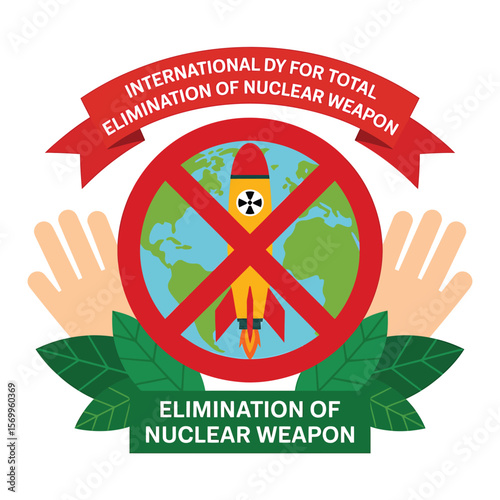 International Challenge for Total Elimination of Nuclear Weapons Emblem Featuring a Red Prohibition Sign Over Earth and a Missile, Advocating for Global Peace and Disarmament