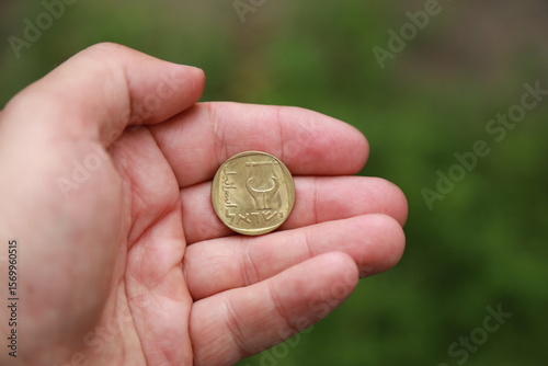 Israeli change coin on wooden table