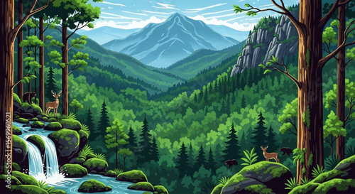 Serene mountain valley vista, showcasing lush greenery, cascading waterfall, and deer amidst towering trees.