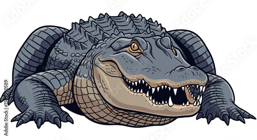An illustrated alligator with detailed scales and open mouth, ready to strike.