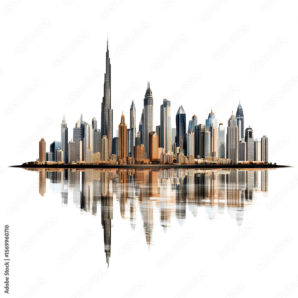 Fototapeta premium Impressive View of a Majestic City Skyline, panoramic view of a majestic city skyline, isolated on transparent background