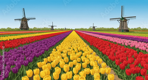 Colorful tulip fields stretching towards Dutch windmills under a vibrant blue sky.