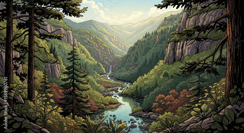 Serene mountain river valley scene, lush greenery, towering cliffs, sunlight illuminating a tranquil landscape.