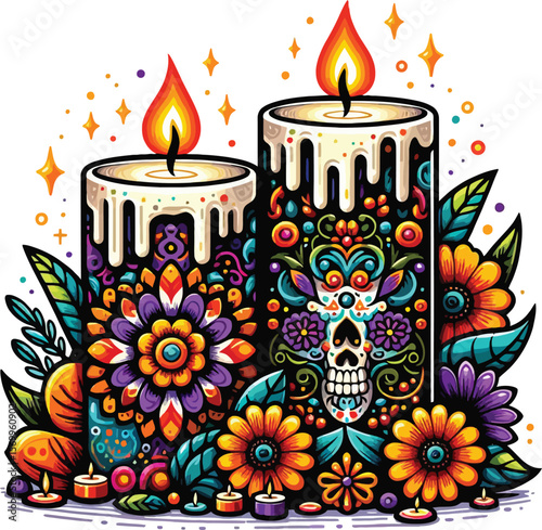 Vector Clipart of Two Candles in Day of the Dead Style with Clean White Background
