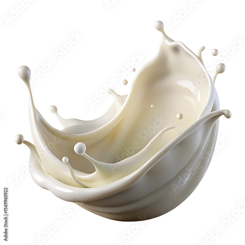 Dynamic splash of creamy white milk forming a swirling vortex on a white background
