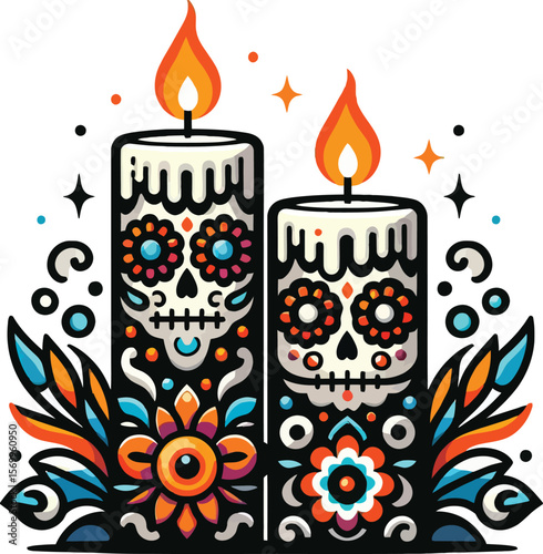 Vector Clipart of Two Candles in Day of the Dead Style with Clean White Background