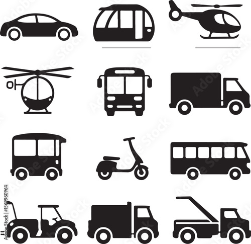Transportation Icons Cars, Buses, Helicopters, and More