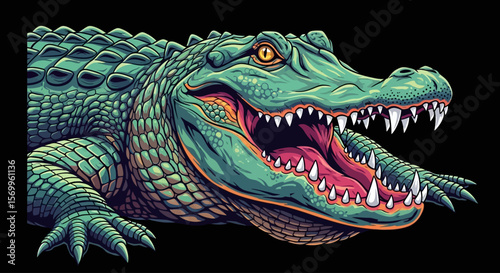 Digital illustration of a menacing alligator with its mouth wide open, displaying sharp teeth and textured skin against a black backdrop.