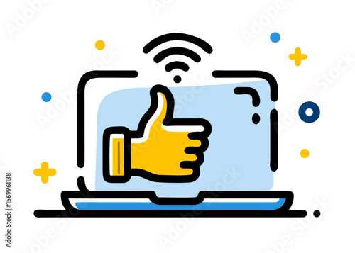 Laptop with thumbs up icon and wifi symbol representing online approval and connection shown here
