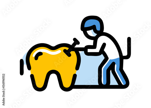Dentist treating a large tooth with a tool in a dental procedure with blue and yellow colors used here