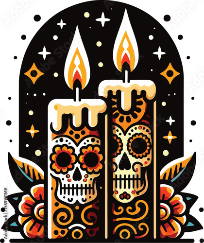 Vector Clipart of Two Candles in Day of the Dead Style with Clean White Background