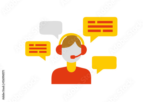 Illustration of a customer service representative with speech bubbles on a white background