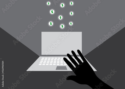 Money falling from above onto a laptop with a hand reaching out in a grey and black background scene