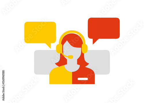 Illustration of a customer service representative with headset and speech bubbles in yellow and red colors