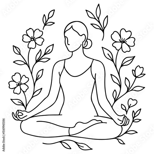Serene woman in lotus yoga pose, a black silhouette illustrating meditation and spiritual relaxation