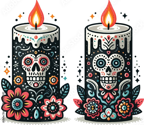 Vector Clipart of Two Candles in Day of the Dead Style with Clean White Background