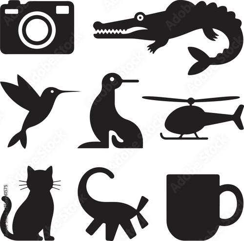 Wildlife Photography Icons Camera, Animals, and Helicopter Silhouettes