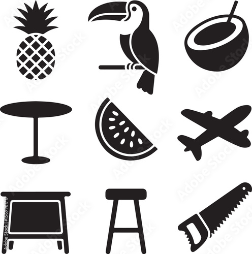 Tropical Vacation Icons Pineapple, Toucan, Coconut, Watermelon, Airplane, and More