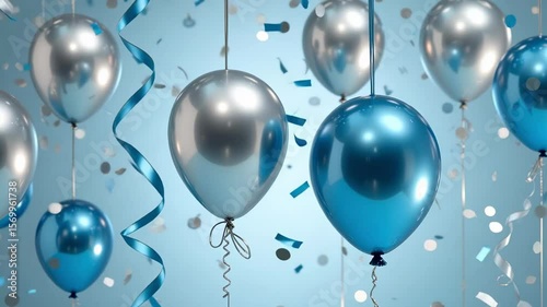Floating silver and blue balloons with confetti on a light blue colored background scene studio shot