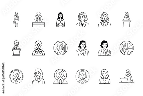 Line art illustrations women in various professional settings poses with different hairstyles