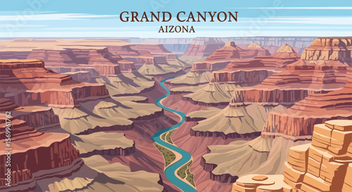 A vibrant illustration showcasing the majestic Grand Canyon landscape with a winding river.