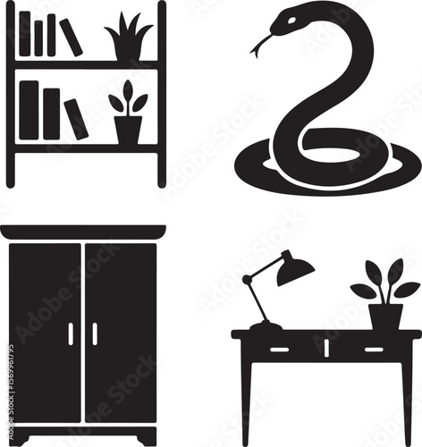 Home Office Decor Snake, Bookshelf, Desk, and Armoire Icons