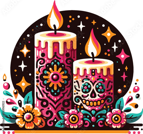 Vector Clipart of Two Candles in Day of the Dead Style with Clean White Background