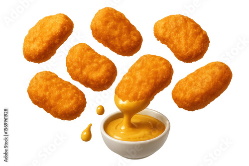 Crispy chicken nuggets with cheese dip, isolated on a transparent background.