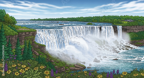 Majestic Niagara Falls cascading powerfully, surrounded by lush greenery and wildflowers under a bright summer sky.