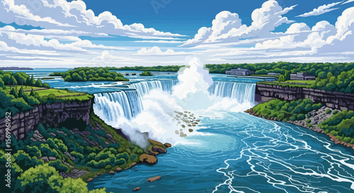 A vibrant digital painting of Niagara Falls, showcasing the powerful cascade and surrounding landscape.