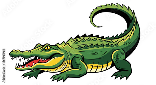 A vibrant green alligator, detailed illustration, curled tail, open mouth, sharp teeth.