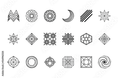 Collection geometric shapes patterns in lines on a including stars circles vector