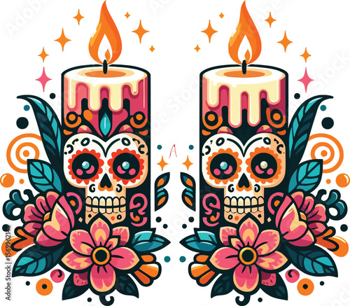 Vector Clipart of Two Candles in Day of the Dead Style with Clean White Background