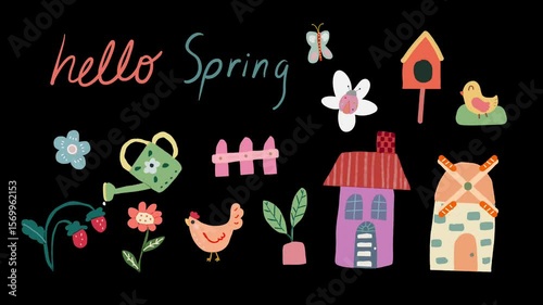 Wallpaper Mural Cute animated spring items with flowers, animals, house, windmill and "hello Spring" lettering
 Torontodigital.ca
