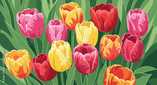Vibrant tulips in various colors, a spring bouquet, displayed against a backdrop of lush green foliage.