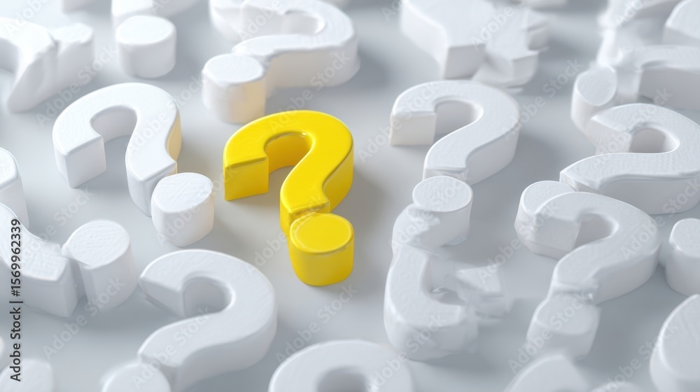 The Yellow Question Mark Stands Out Among White Question Marks, Symbolizing Curiosity. The Yellow Question Mark Stands Out Among White Question Marks, Symbolizing Curiosity.