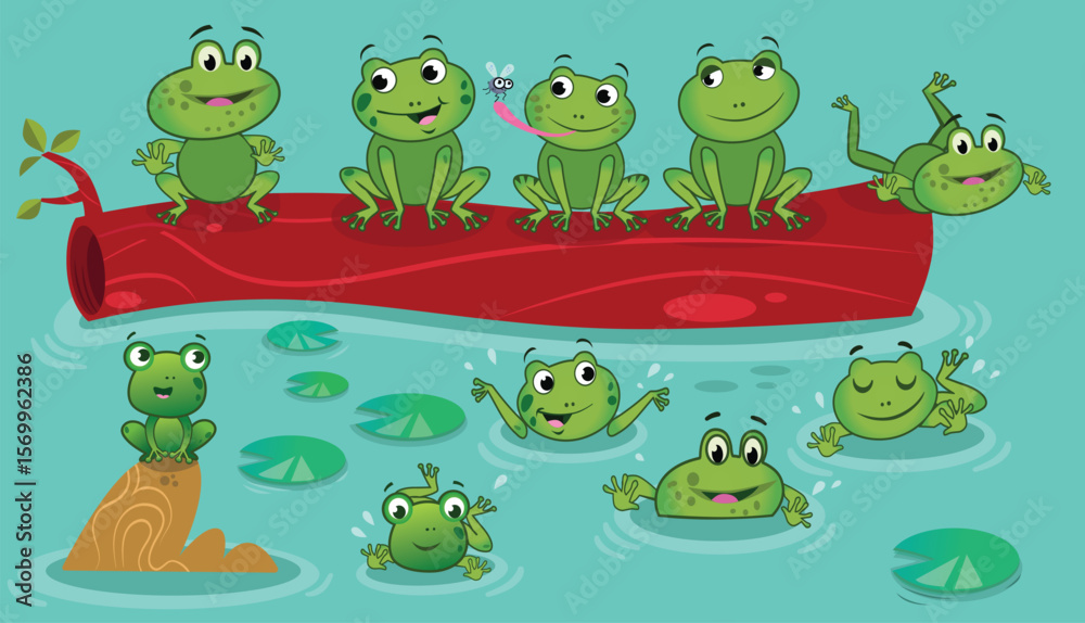 Fototapeta premium Playful Frogs by the Pond - Cute Cartoon Vector Illustration