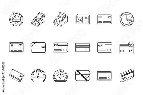 Set outlined credit card icons with payment terminals financial chart symbols in
