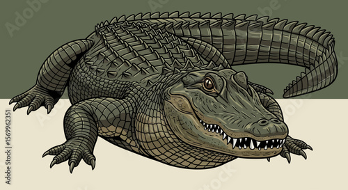 A detailed illustration of an alligator lying down, showcasing its scales, teeth, and overall reptilian features.
