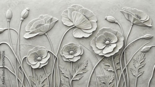 Bas relief poppies delicate floral arrangement botanical sculpture