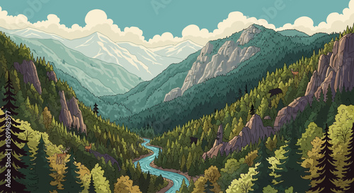 A picturesque valley nestled between towering mountains, with a winding river flowing through lush forests.