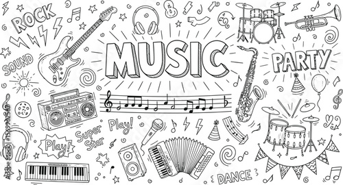 Music doodle art with musical instruments and party elements vector design