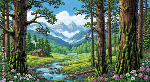 A picturesque landscape featuring a cabin nestled by a stream, surrounded by lush trees and distant mountains under a bright sky.