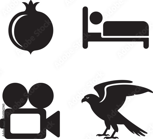 Pomegranate, Sleep, Film Camera, and Falcon A Symbolic Icon Set