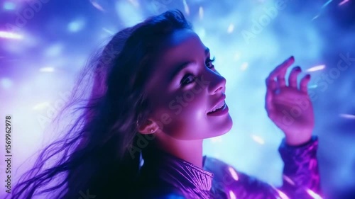 Ecstatic young woman basking in neon glow of digital effects and sparkling light