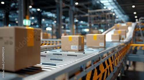 Cardboard boxes moving on conveyor belt in distribution warehouse