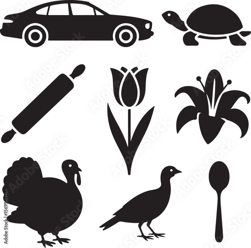 Silhouette Icons Car, Turtle, Flowers, Turkey, Birds, Kitchen Utensils