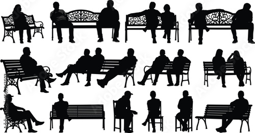 Silhouettes of people sitting on benches, relaxing, talking, couples and individuals, various poses, park or urban public place illustration