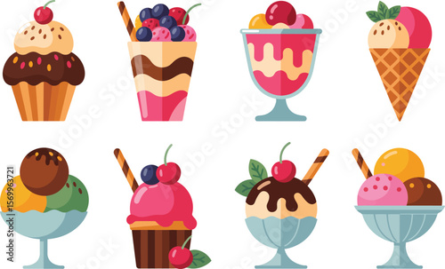 Collection of eight colorful flat design ice cream desserts and treats